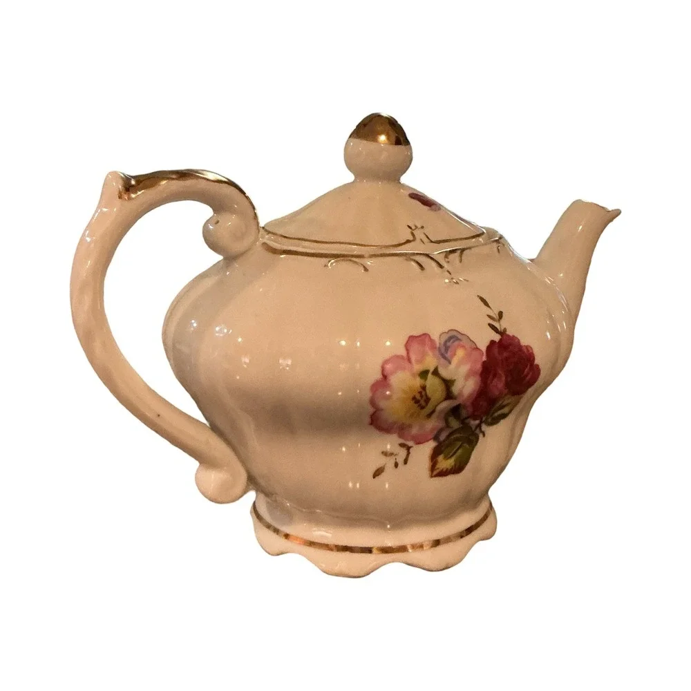 Vintage Musical Ceramic Teapot Floral Gold Trim Decorative Cottagecore 10x6.5x5